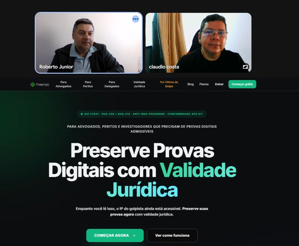 Reunião entre Roberto Junior (Trace Hub) e Claudio Costa (Cilada Cripto) selando a parceria